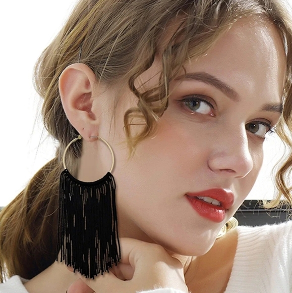 Jewelry - Black Fringe Boho Tassel Hoops - Gold Statement Earrings